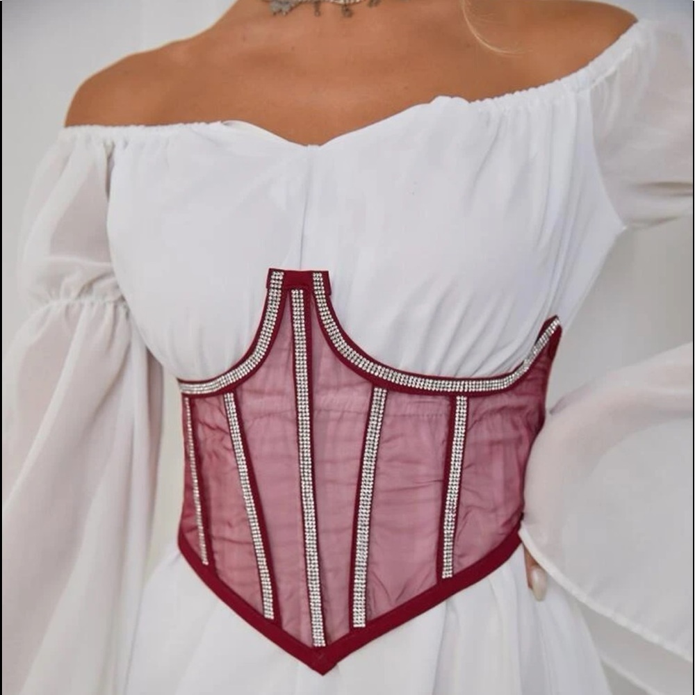 Red Mesh Rhinestone Corset Belt